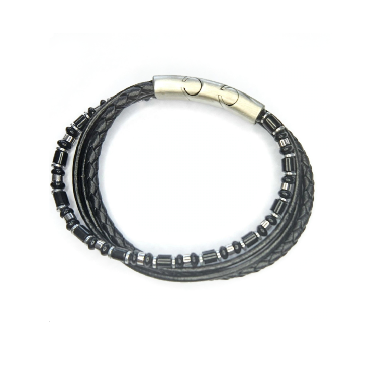 T.M.J black Agate and braided leather multi-strand bracelet with metal accents, stylish accessory for men and women.