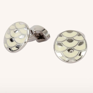 Elegant David Aster cloisonne cufflinks with white enamel and silver-tone edges, featuring intricate enamel design.
