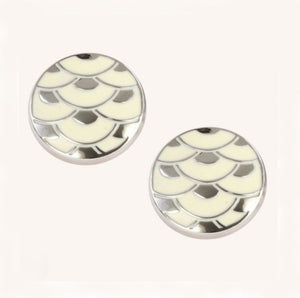 Elegant David Aster cloisonne cufflinks with white enamel and silver-tone edges, showcasing intricate enamel design.