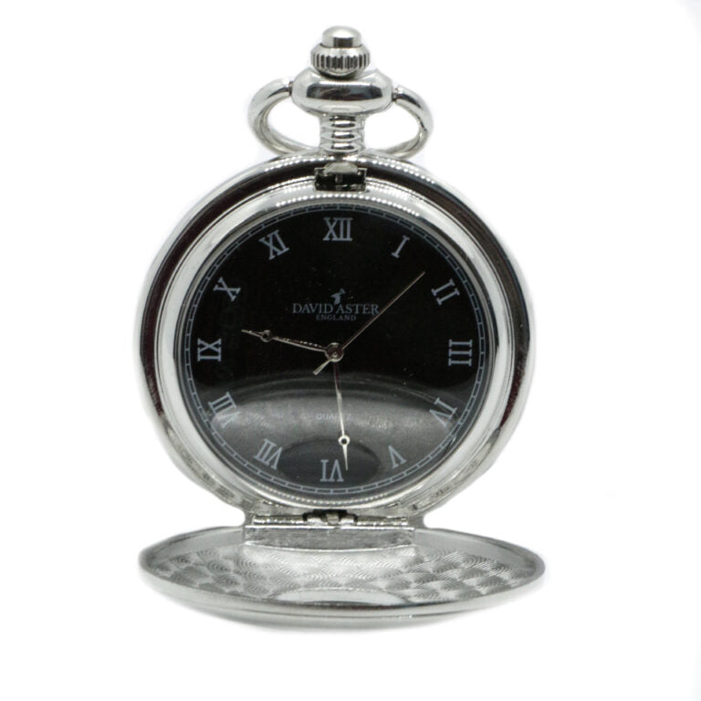 Silver satin finish Davis Aster half hunter pocket watch with black face and quartz movement, showcasing a classic vintage style.