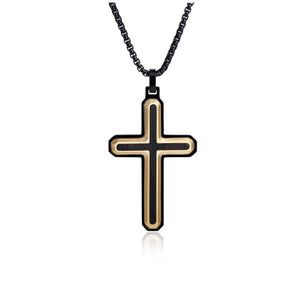 Callahan ebony wood cross pendant on gold and black PVD stainless steel chain, featuring a sleek, elegant design by Cudworth.