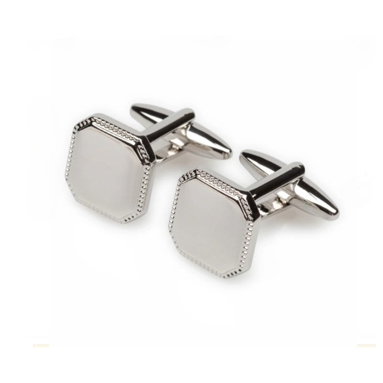 T.M.J plain metal engraved square cufflinks for men with polished silver finish and beveled edges
