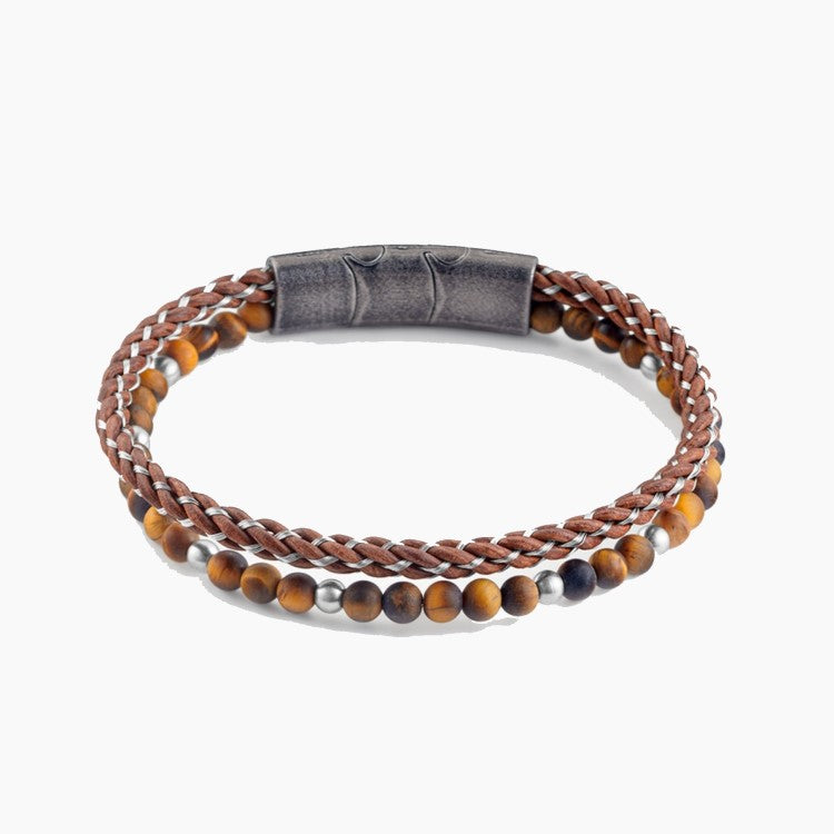 Marlowe Tiger Eye and braided leather wrap bracelet by TMJ, featuring polished tiger eye stones and woven leather design.