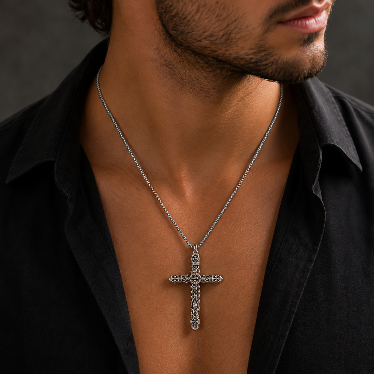 Corvin Silver Cross with Black Onyx Double Sided Pendant