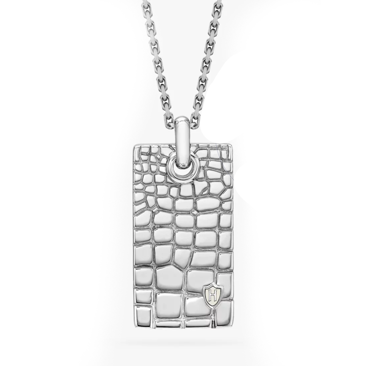 Hoxton London men's silver crocodile dog tag pendant necklace, 925 silver with detailed crocodile design.