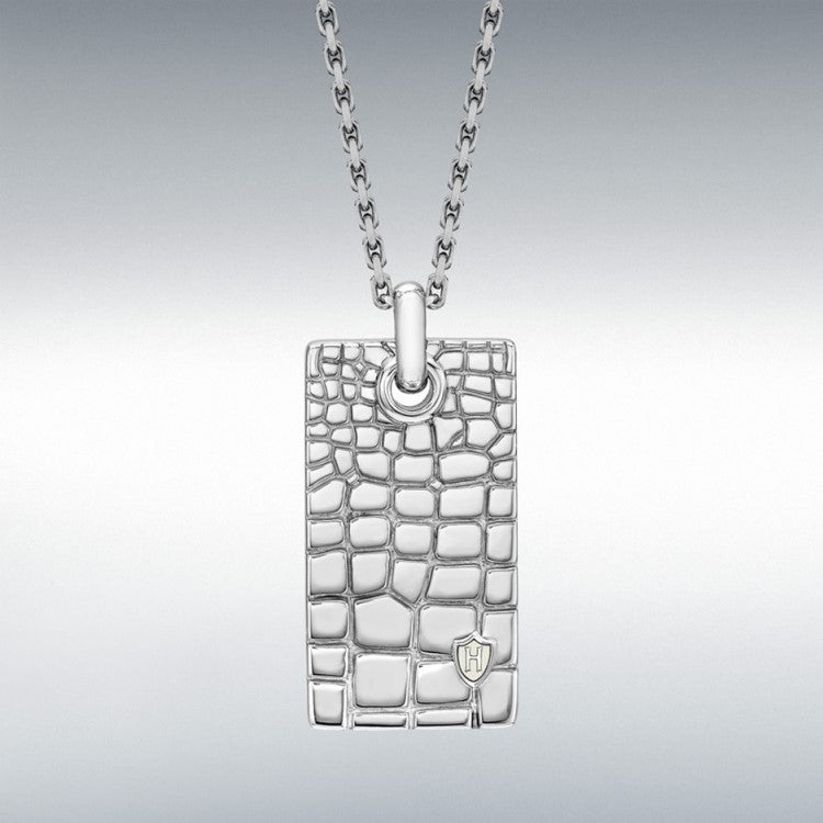 Hoxton London men's silver crocodile dog tag pendant necklace, made of 925 silver, featuring a sleek and modern design.