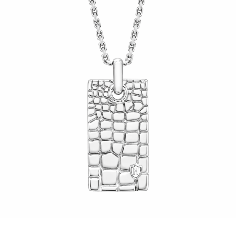 Hoxton London men's 925 silver crocodile dog tag pendant necklace displayed on a plain background.