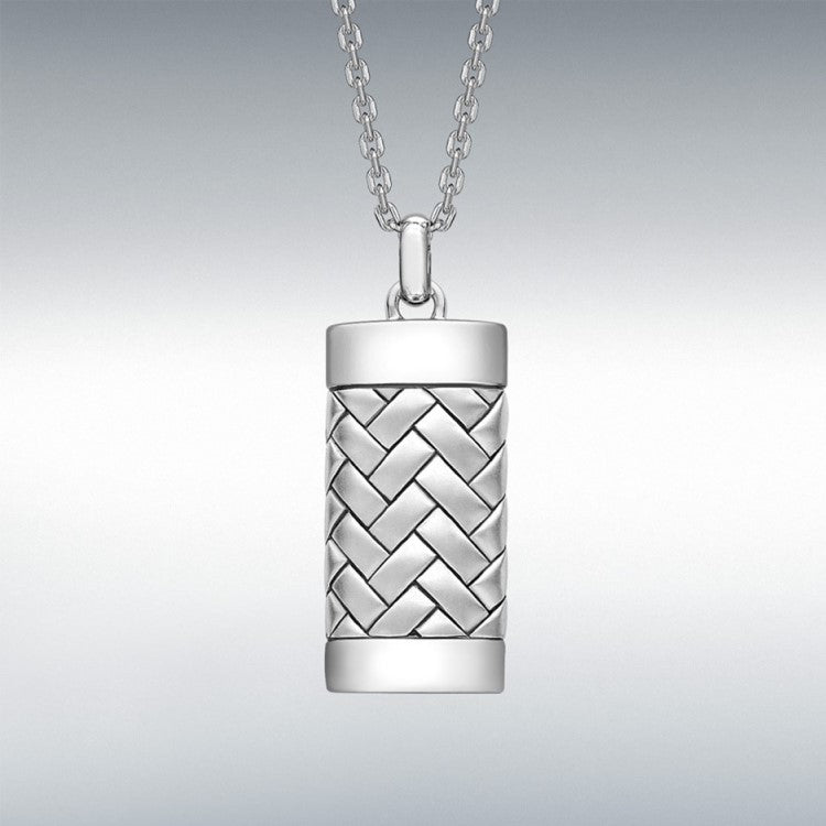 Hoxton London men's sterling silver rhodium-plated herringbone rectangular adjustable necklace, 51cm to 55cm length.