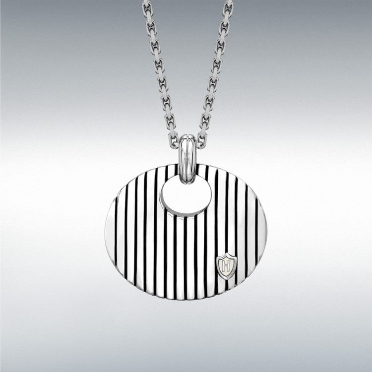 Hoxton London men's sterling silver necklace with striped round pendant, adjustable length 45cm to 51cm.