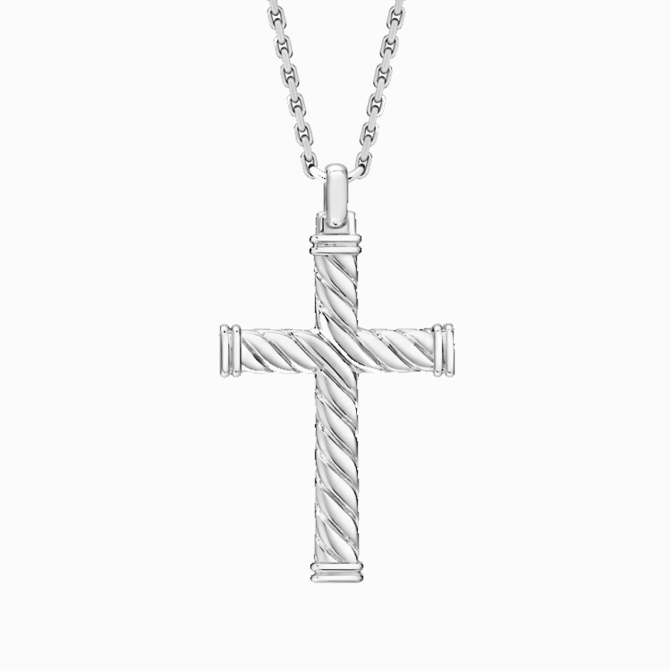 Hoxton London men's sterling silver twist cross necklace with adjustable length, featuring a 30mm x 51.1mm cross pendant.