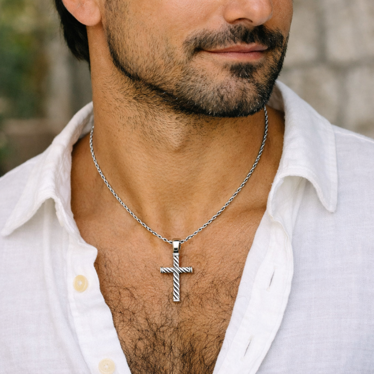 Hoxton London men's sterling silver twist cross necklace, adjustable 51cm to 55cm, with 30mm x 51.1mm cross pendant.