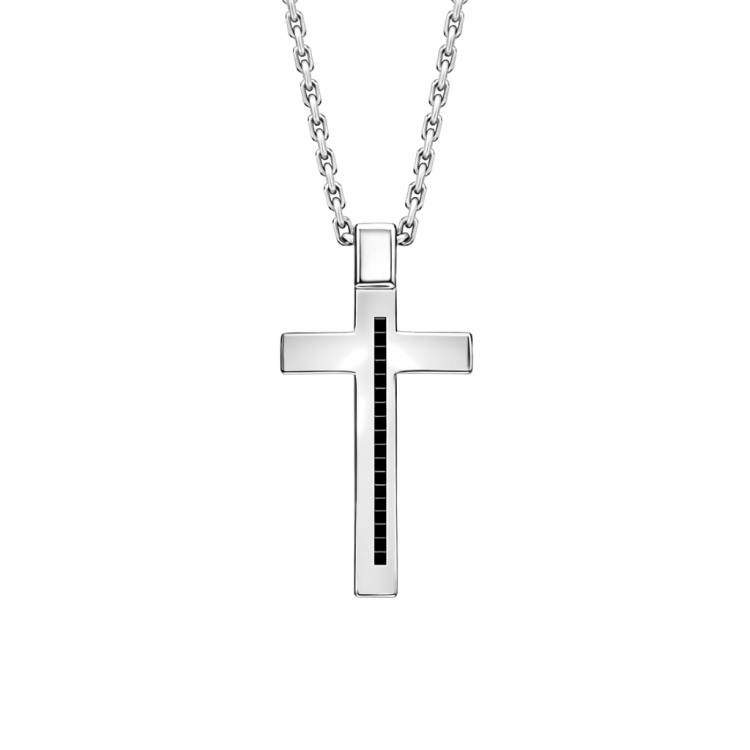 Hoxton London men's sterling silver cross necklace with black CZ stone, adjustable 20 to 21.5 inches, featuring a sleek cross pendant.