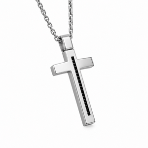Hoxton London men's sterling silver cross necklace with black CZ stone, adjustable chain from 20 to 21.5 inches.