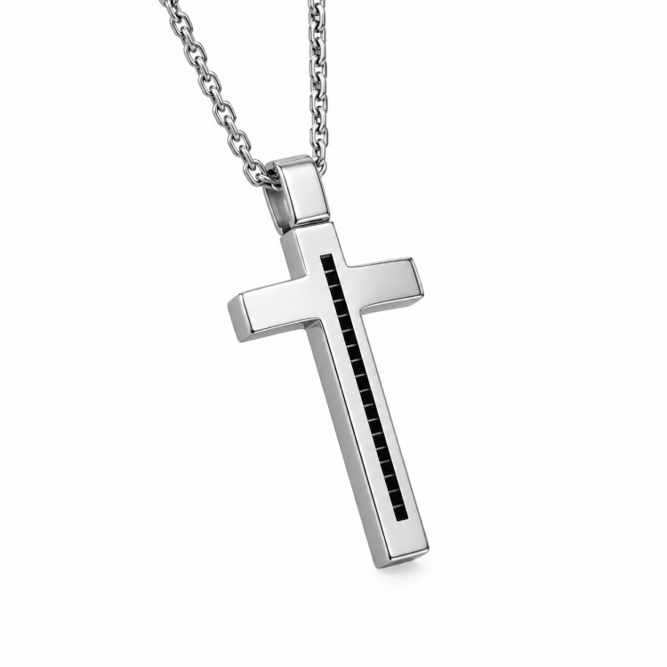 Hoxton London men's sterling silver cross necklace with black CZ stone, adjustable chain from 20 to 21.5 inches.