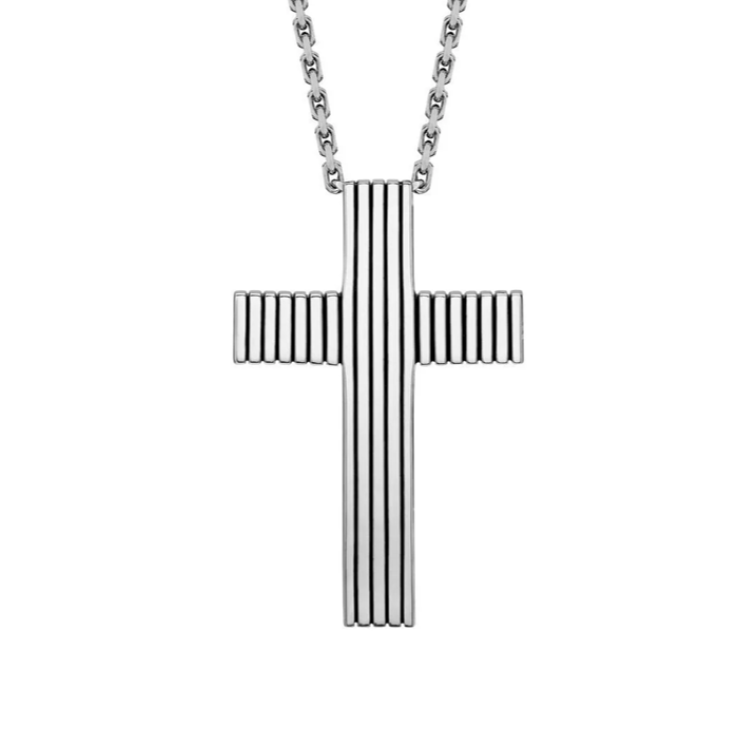 Hoxton London men's sterling silver striped cross necklace with adjustable chain, featuring a sleek and modern cross pendant.