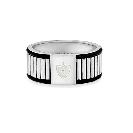 Hoxton silver ring for men with ribbed design and shield emblem in polished silver finish