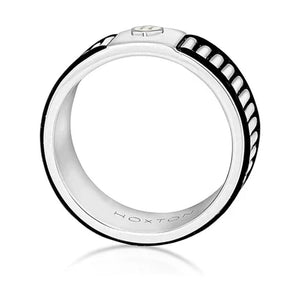 Hoxton silver men's ring featuring a shield emblem design, showcasing a sleek metallic band with detailed emblem engraving.