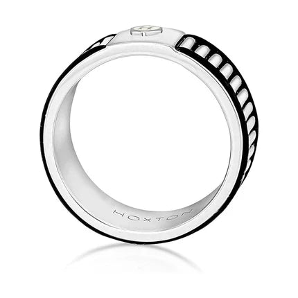 Hoxton silver men's ring featuring a shield emblem design, showcasing a sleek metallic band with detailed emblem engraving.