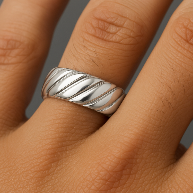 Hoxton London men's sterling silver twist ring, showcasing a stylish silver jewelry design with a polished finish.