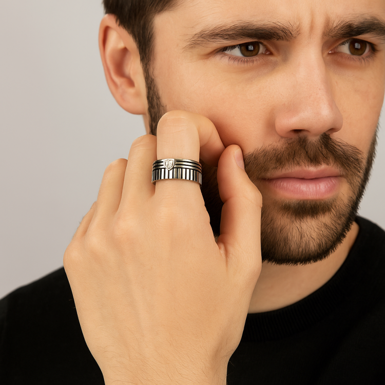 Hoxton London men's sterling silver 2-way band ring showing a sleek, modern design with polished silver finish.