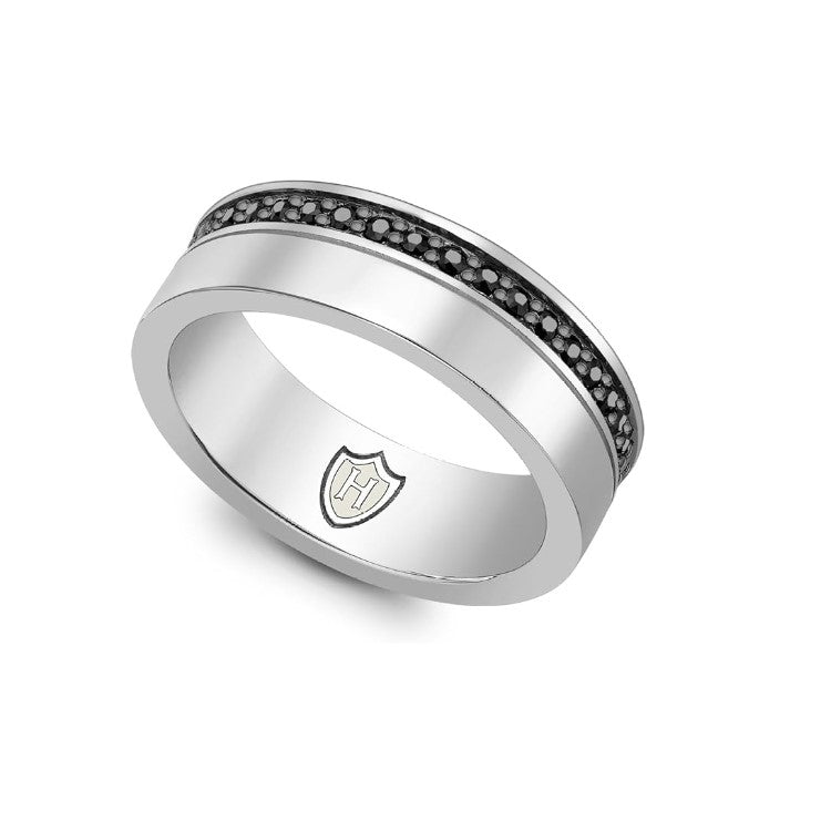 Hoxton London men's sterling silver ring with black sapphire set, featuring a sleek design and polished finish.