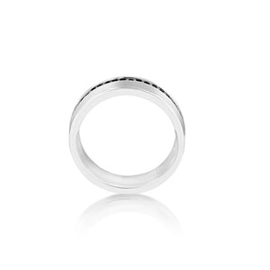 Hoxton London men's sterling silver ring with black sapphire set, featuring a sleek design and polished finish.