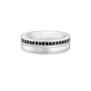 Hoxton London men's sterling silver ring with black sapphire set, featuring a sleek design and polished finish.