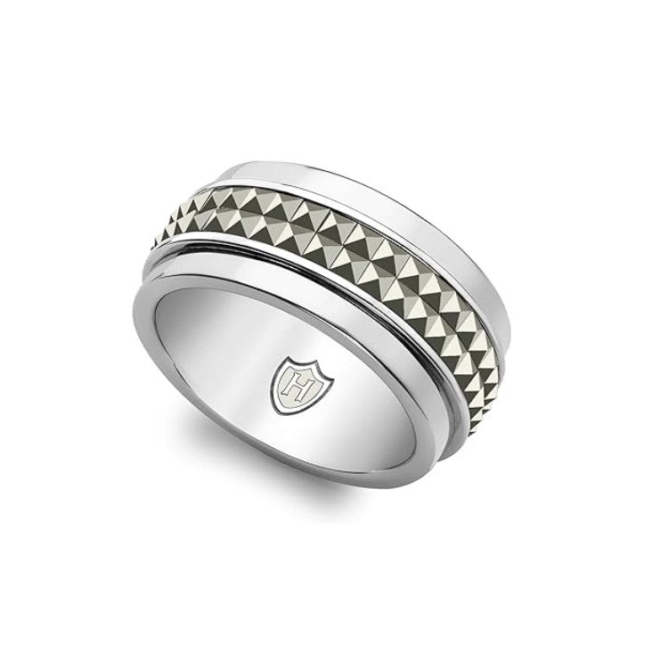 Hoxton London men's sterling silver spinning ring with pyramid design and marcasite accents, showcasing intricate craftsmanship.