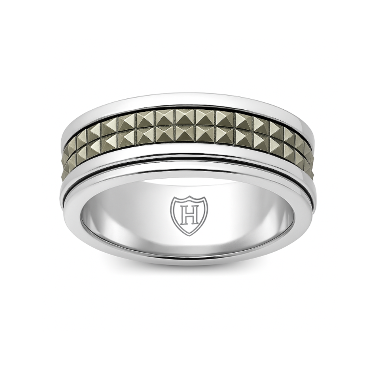 Hoxton London men's sterling silver spinning ring with pyramid design and marcasite accents, showcasing detailed craftsmanship.