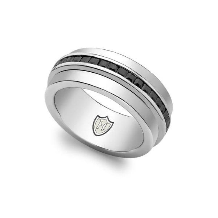 Hoxton London men's sterling silver ring with black sapphires, featuring a sleek design and polished finish.
