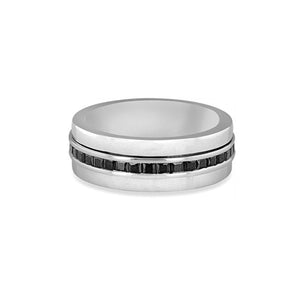 Hoxton London men's sterling silver ring featuring black sapphires and a polished stone design.