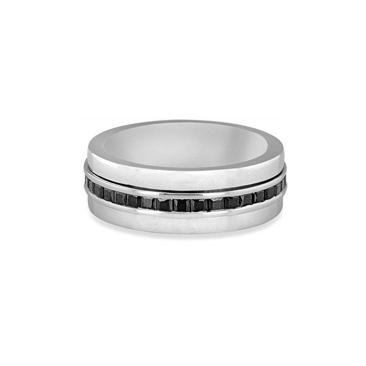 Hoxton London men's sterling silver ring featuring black sapphires and a polished stone design.