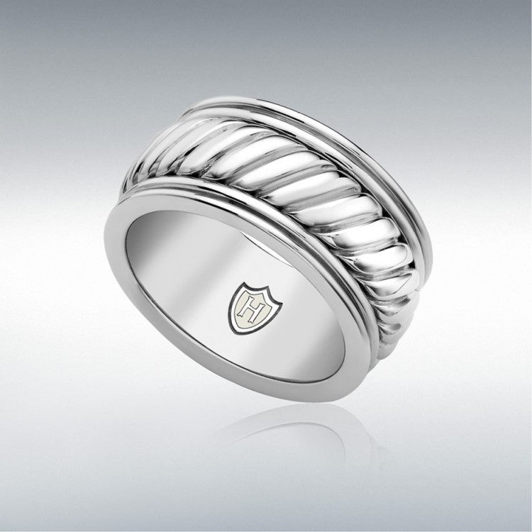 Hoxton London men's sterling silver twist wide ring with a bold, textured design on a plain background.