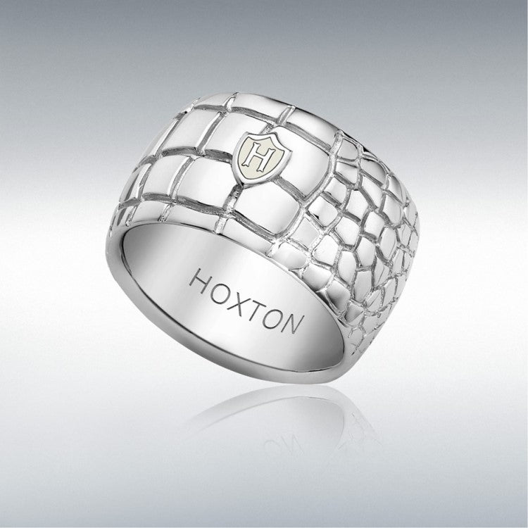 Hoxton London men's sterling silver ring with a detailed wild crocodile pattern, showcasing intricate crocodile-textured design.