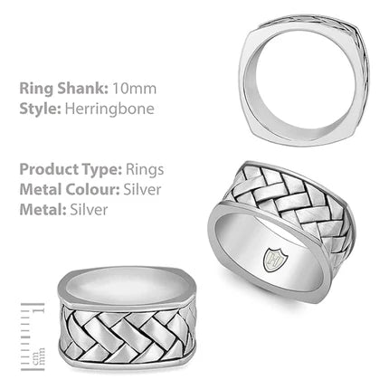 Hoxton sterling silver herringbone collection ring, showcasing a sleek, textured silver band with a herringbone pattern.