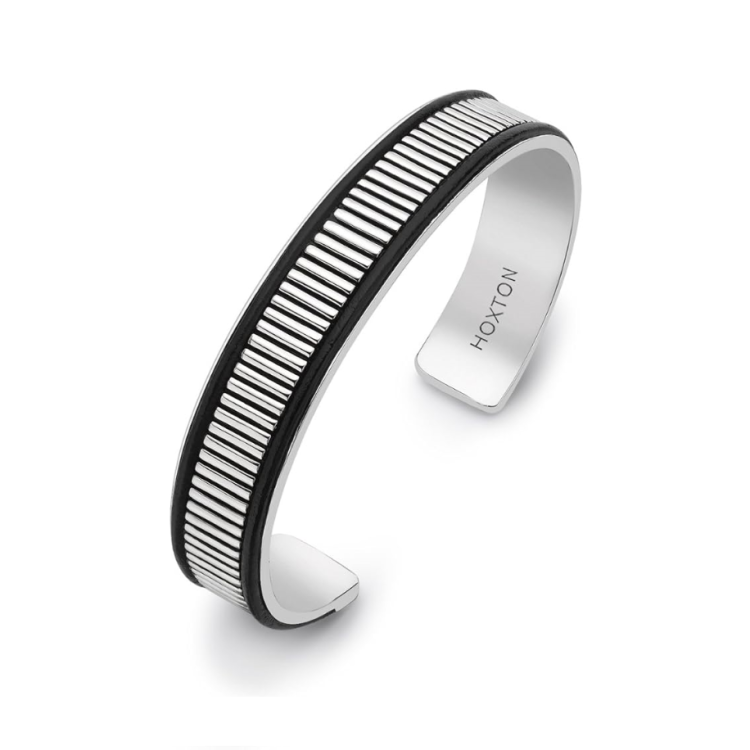Hoxton London men's sterling silver cuff bracelet with bold leather ribbed design, showcasing a sleek and sturdy style.
