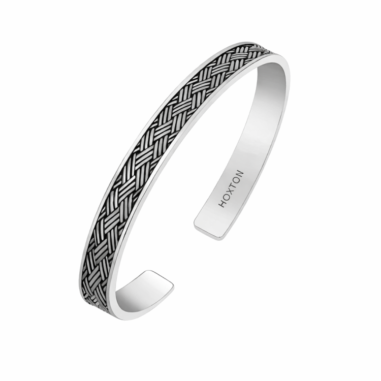 Sterling silver men's bangle with bamboo woven pattern and oxidised finish by Hoxton London.