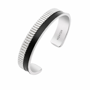 Hoxton London men's sterling silver cuff bracelet with bold leather inlay and modern design.