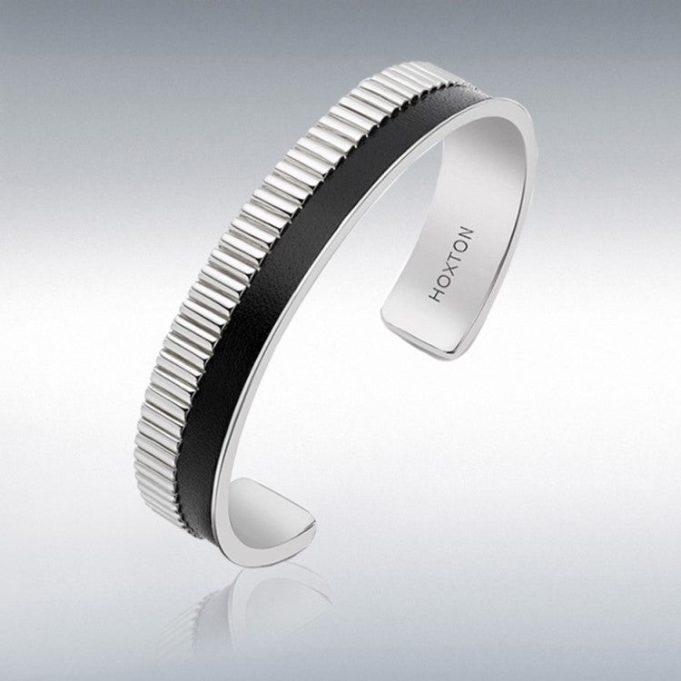 Hoxton London men's sterling silver cuff bracelet with bold leather inlay, featuring a sleek, modern design and polished finish.