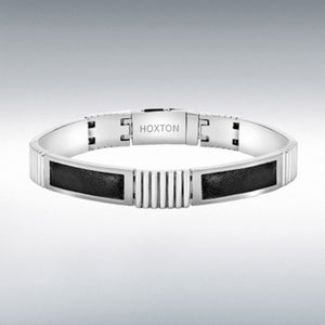Hoxton London men's sterling silver bracelet with bold link design, leather inlay, and ribbed details, 21.5cm length.