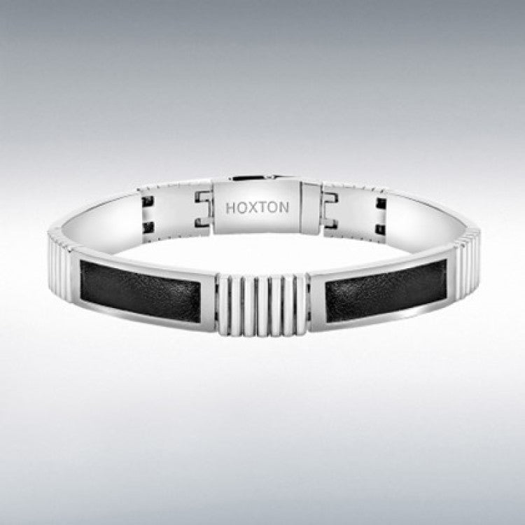 Hoxton London men's sterling silver bracelet with bold link design, leather inlay, and ribbed details, 21.5cm length.