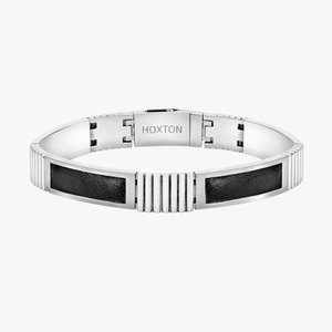 Hoxton London men's sterling silver bracelet with bold link design, leather inlay, and ribbed detail, 21.5cm length.