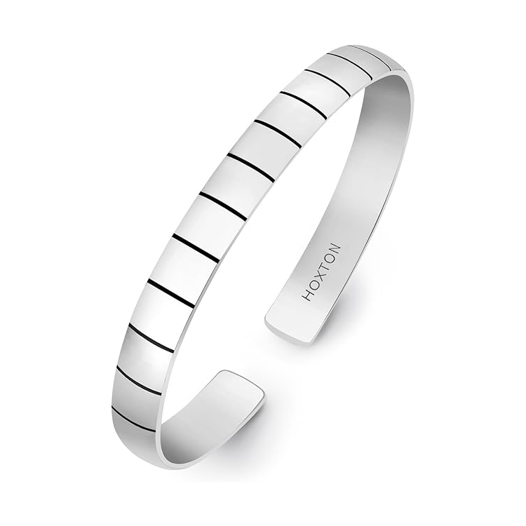 Hoxton London men's sterling silver brick high-polish ribbed bangle bracelet shown on a wrist with a textured design.