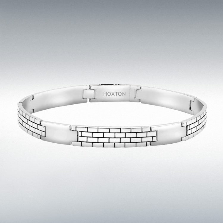 Hoxton London men's sterling silver bracelet with a brick pattern and bar design, featuring a sleek, modern style.