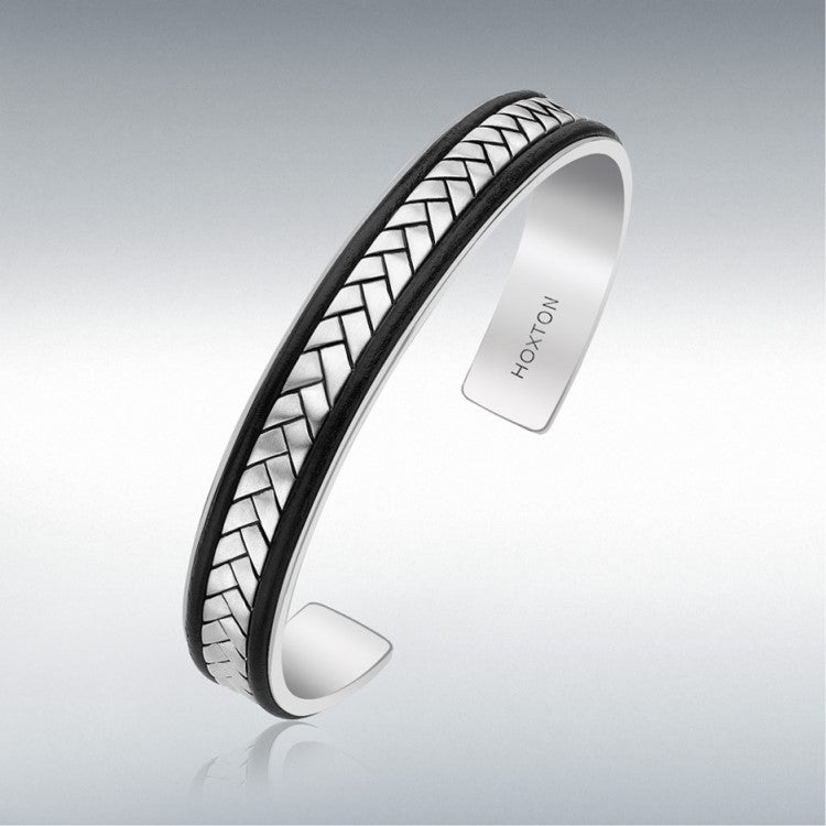 Hoxton London men's sterling silver herringbone leather inlay cuff bangle bracelet showing detailed silver and leather craftsmanship.