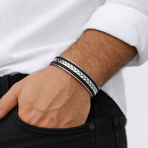 Hoxton London men's sterling silver cuff bangle with herringbone design and leather inlay, stylish bracelet for men.