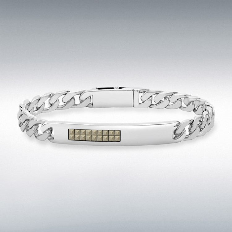 Hoxton London men's sterling silver bracelet with pyramid marcasite set, featuring a stylish ID design and intricate details.