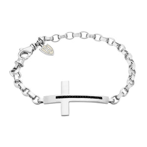 Sterling silver men's bracelet with black CZ cross charm, adjustable design, by Hoxton London, stylish and contemporary jewelry.