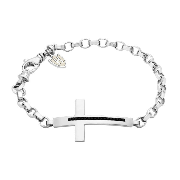 Sterling silver men's bracelet with black CZ cross charm, adjustable design, by Hoxton London, stylish and contemporary jewelry.