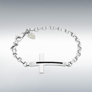 Hoxton London men's sterling silver bracelet with black CZ stone cross, adjustable design, stylish accessory for men.